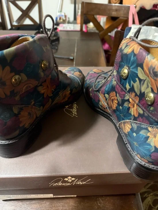 Patricia Nash Floral Leather Lace-Up Ankle Boots in Blue, Brown & Gold Tones - Picture 6 of 10